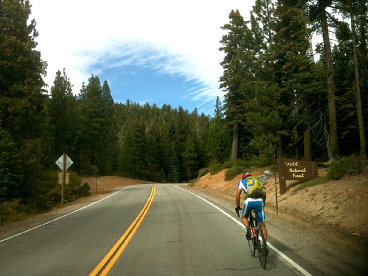 Scott Markewitz climbs into Tahoe National Forest, 'angry midget' in tow. / Photo by Don Stefanovich