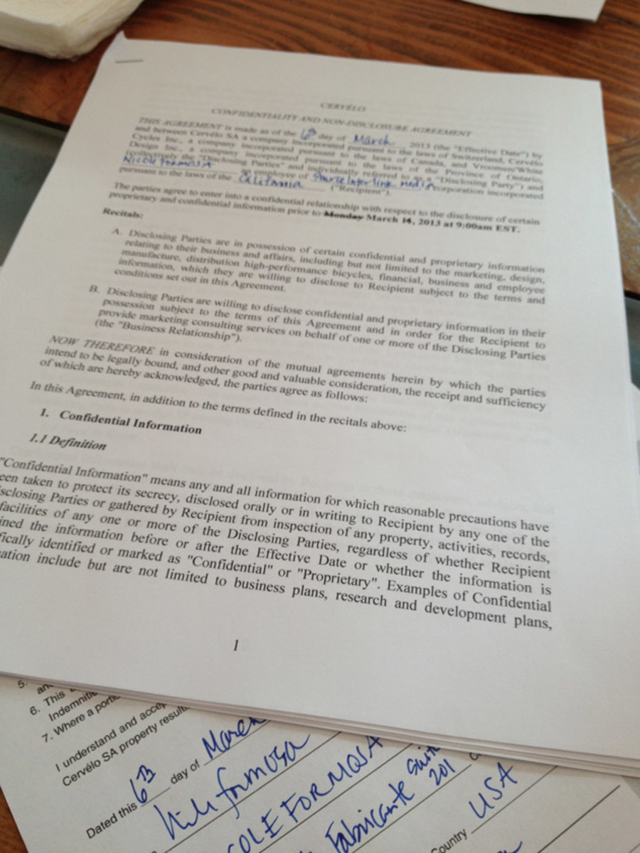 NDA Cervelo was serious about its embargo. Journalists signed a 7-page NDA before seeing the Rca.
