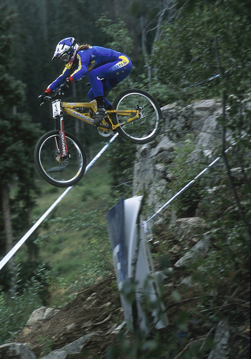 Marla Streb racing Downhill event in Durango, Colorado. August 2002.