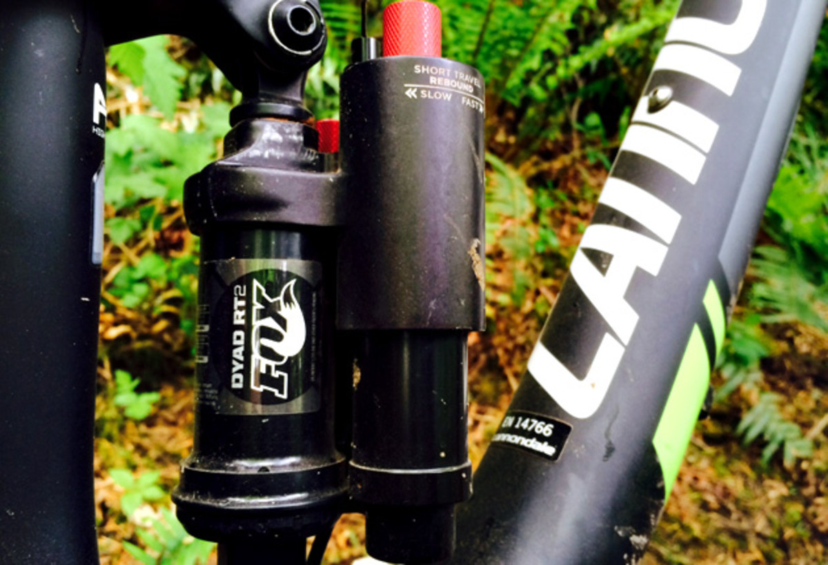 The heart and soul of Cannondale's Jekyll, Claymore and Trigger bikes--the DYAD shock. It looks scary as hell, but the pull shock has been around for years now and is solid (though it does take some tinkering to dial in the suspension just right).