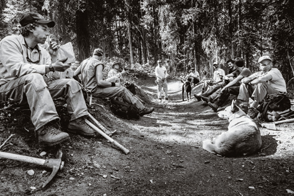 Some of the Teton Freedom Riders take a break during a trail maintenance session on Lithium.