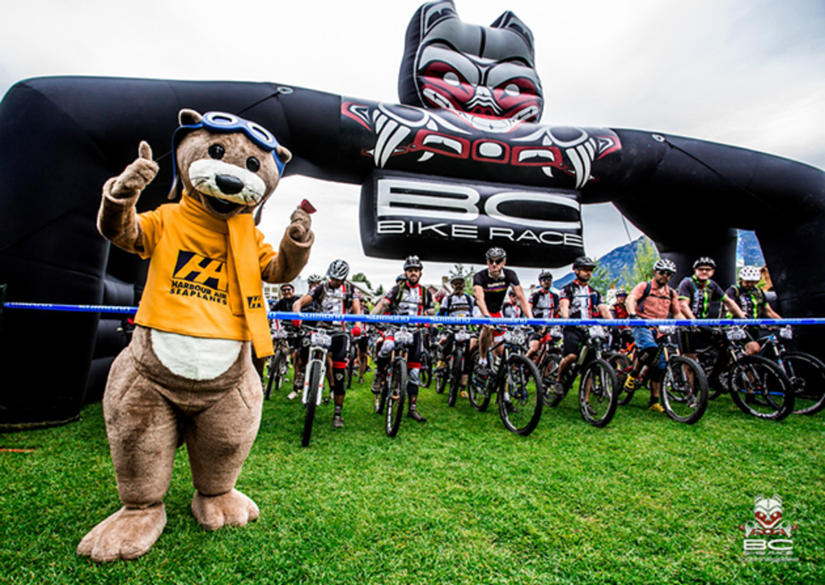 The Harbour Air mascot welcomes racers to Whistler.
