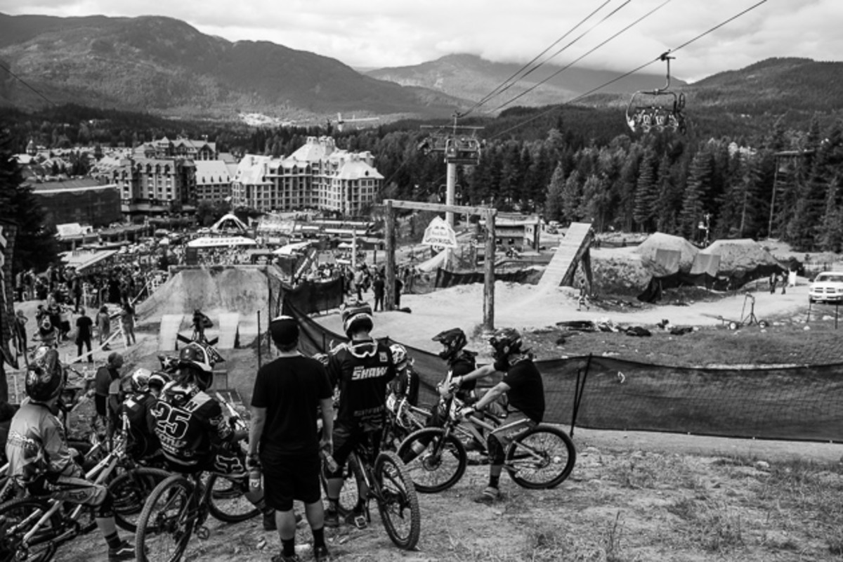 Racers get lined up for last-minute practice in Friday's Crankworx Dual Slalom race. If you didn't have your lines dialed, you had an express ticket straight to the after-party.