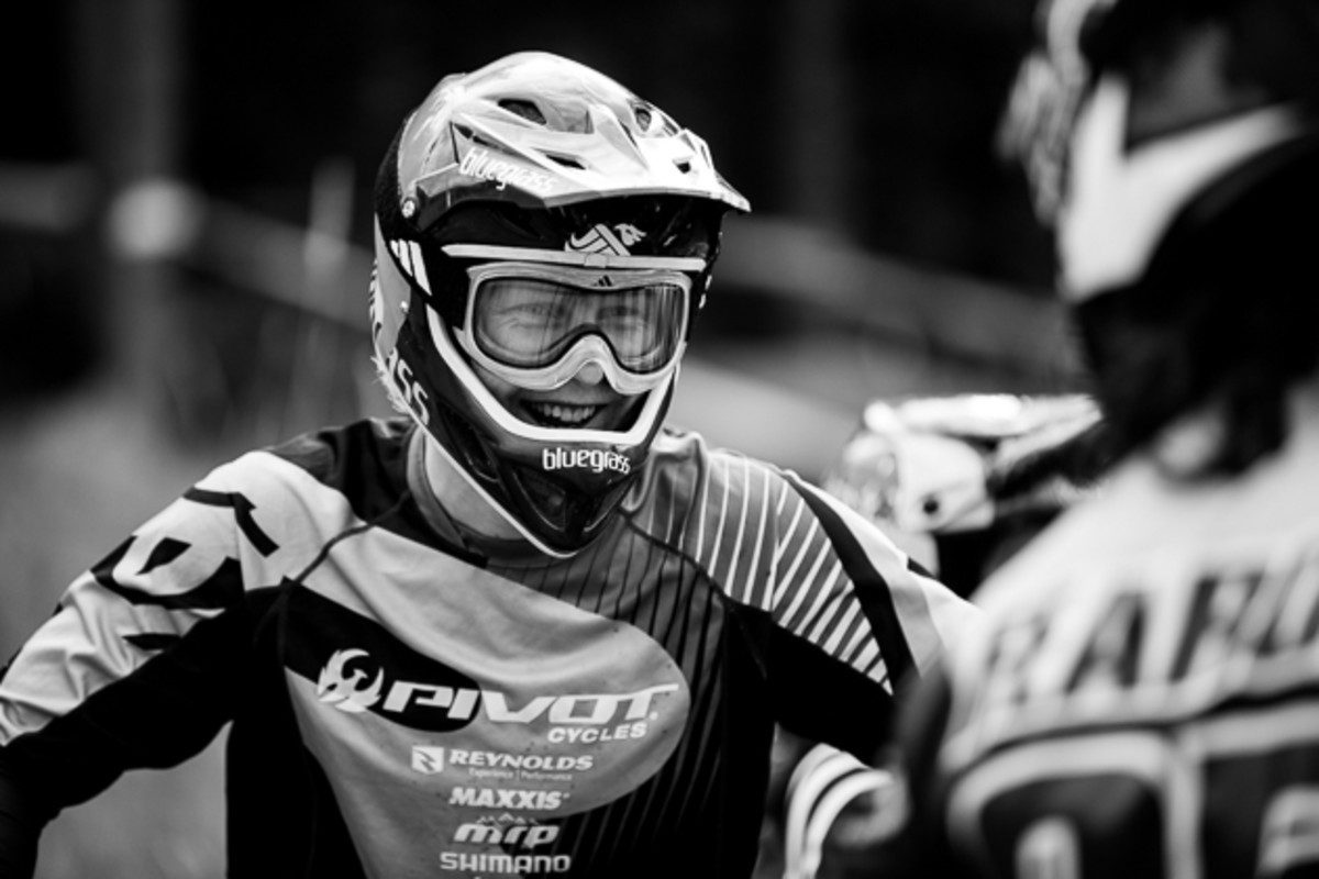 The Crankworx Dual Slalom race attracts riders from all disciplines—downhill, freeride, four-cross and BMX. World Cup downhiller Bernard Kerr rode strong throughout the heats before finally being knocked out by BMX standout Barry Nobles.