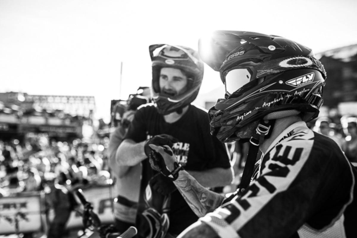 Even though the Crankworx Speed and Style is a contest, at the end of the day it's just another lap down the hill with your buddy. R-Dog and Barry Nobles fist-bump at the end of the consolation final.