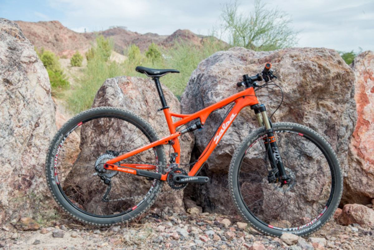 A year after adopting the Split Pivot suspension linkage, the Salsa Cycles Spearfish is now available in two carbon models: the Carbon 1 (pictured here) and the higher-priced Carbon RS-1. The Carbon 1 comes with a Shimano XT drivetrain and costs $4,900 complete.
