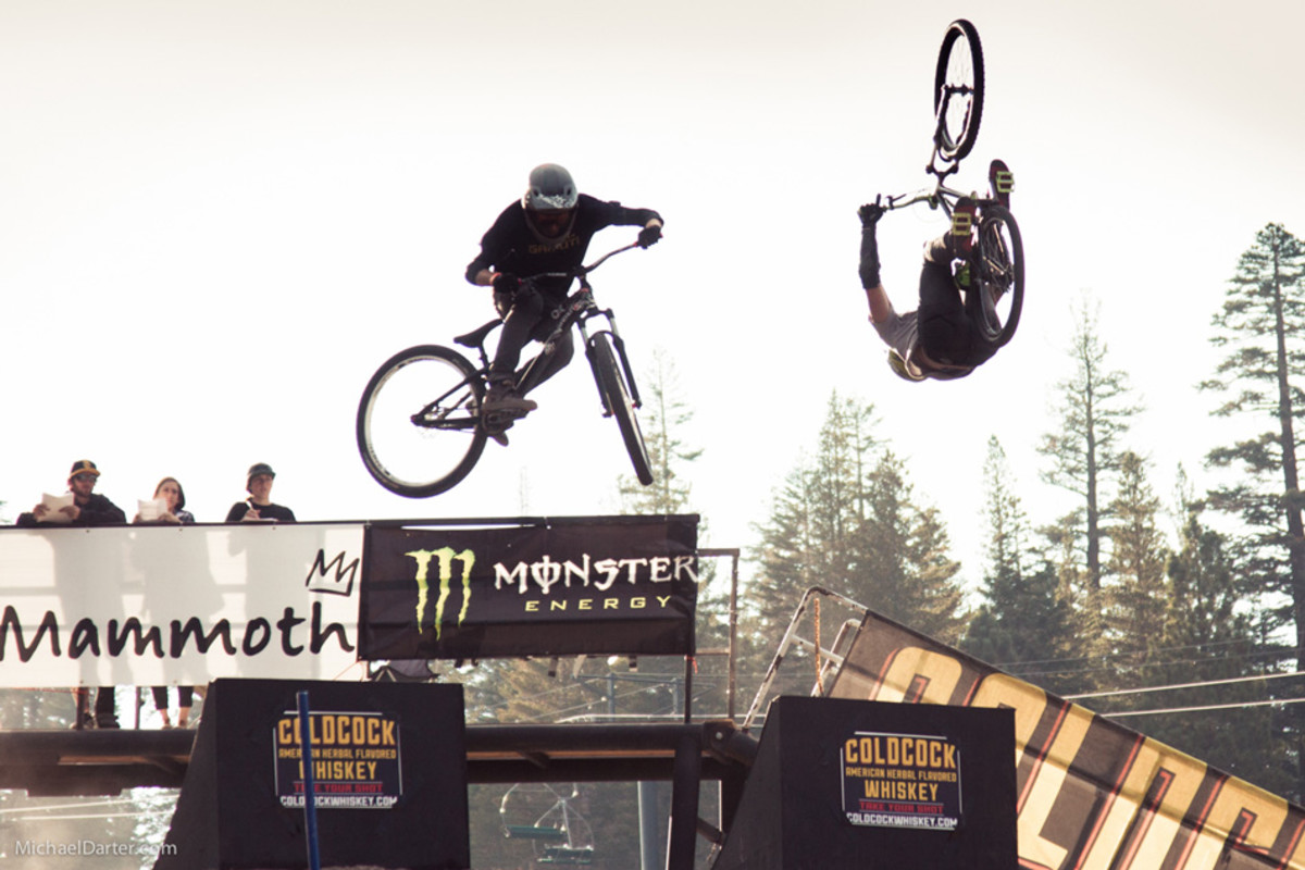 Josh Hult flips his way to victory in the Coldcock Speed and Style competition at Mammoth Mountain's 2014 Kamikaze Bike Games. Photo by Michael Darter.