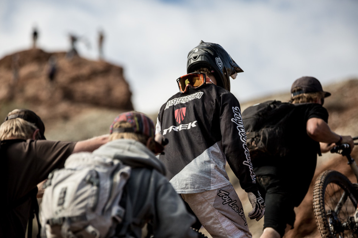 Following weeks of speculation over whether Tom Van Steenbergen would attempt one of his signature front flips over one of the venue's biggest features—the 73-foot canyon gap—he answered this question on his first run, throwing a fronty with a slight under-rotation that led to a violent crash. After a few minutes on the ground, though, he was able to walk away from the landing site. Despite the unsuccessful attempt, Steenbergen's skill and progressive drive were evident, and it will be interesting to see what he pulls off in future Rampages.