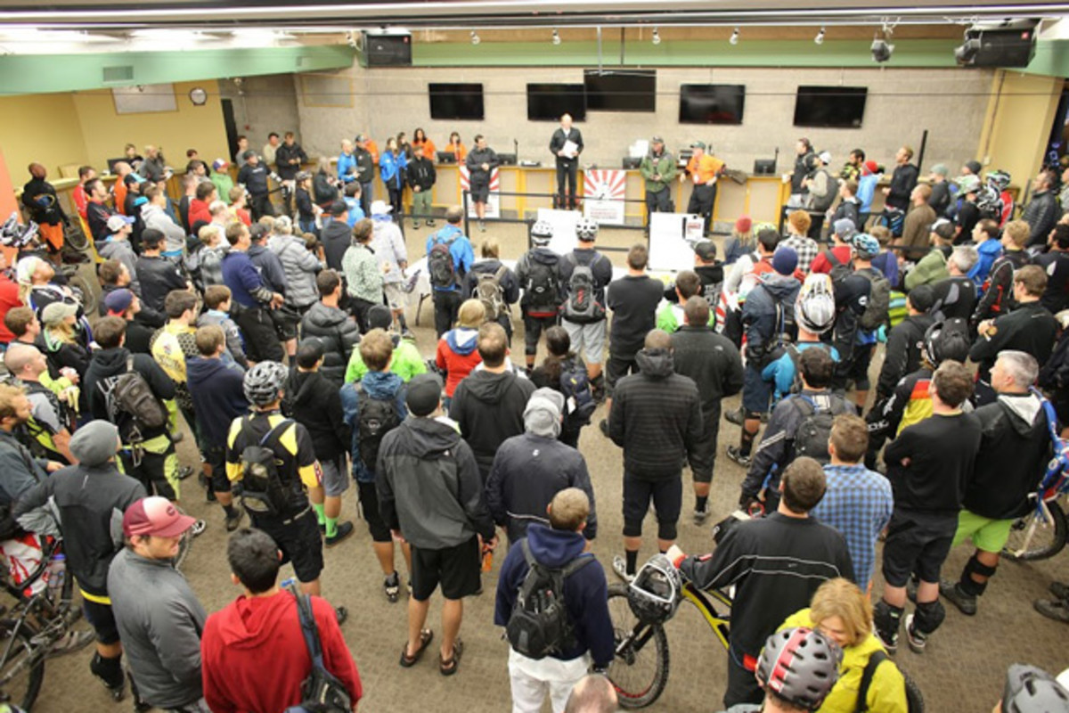 During the riders meeting, race organizers explained the changes that needed to be made to the course due to weather. Photo by Bogdan Marian
