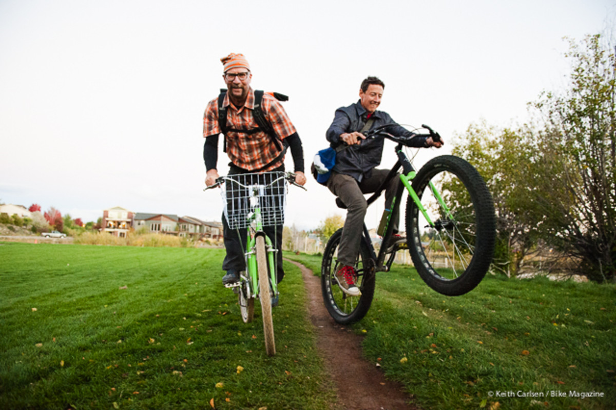 Wheelies are better with a beer buzz. Mike Ferrentino and Simon Stewart mid Ale Trail.