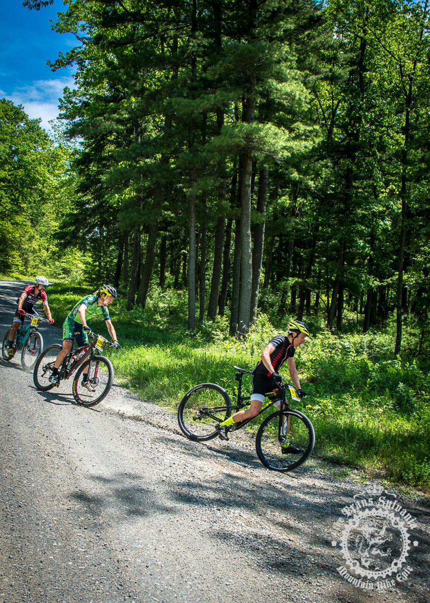 Peter Glassford (Trek Canada), Drew Dillman (Colt Training Systems), and Tristan Uhl (Competitive Cyclist) demonstrate proper “moto” technique through a loose gravel corner.