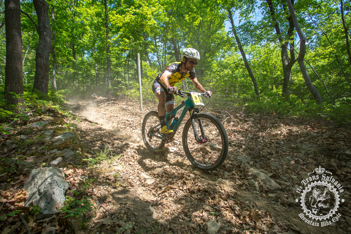 Elite men's overall winner Justin Lindine (Competitive Cyclist) rallies a loose descent.
