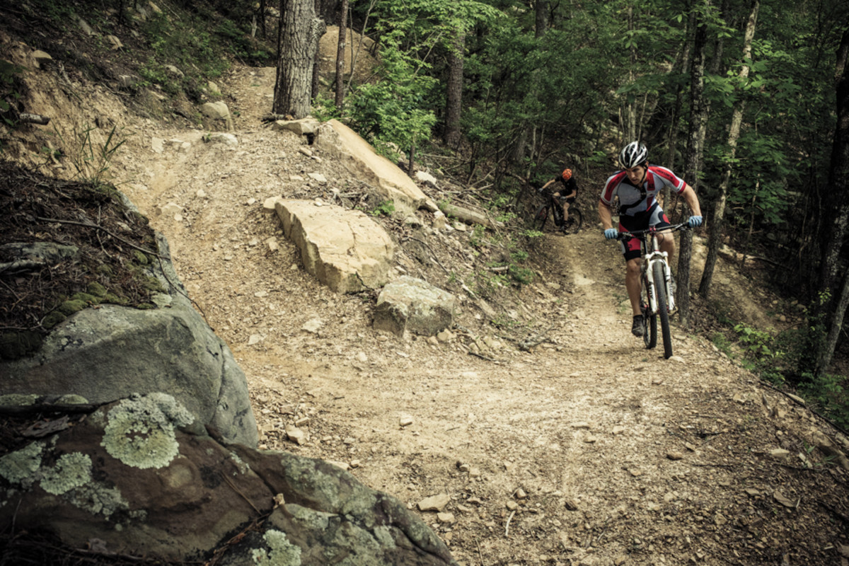 Richie Daigle and Cody Wallis on Racoon Mountain's High Voltage trail.
