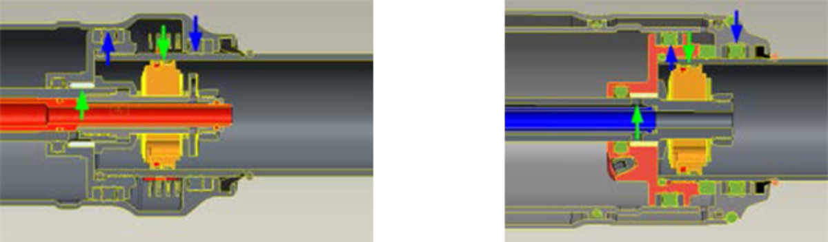 The switch to metric has allowed RockShox to extend bushing overlap between the moving elements of the shock. Shown at left: bushing overlap in the new Super Delux shock. At right: bushing overlap in the Monarch Plus.