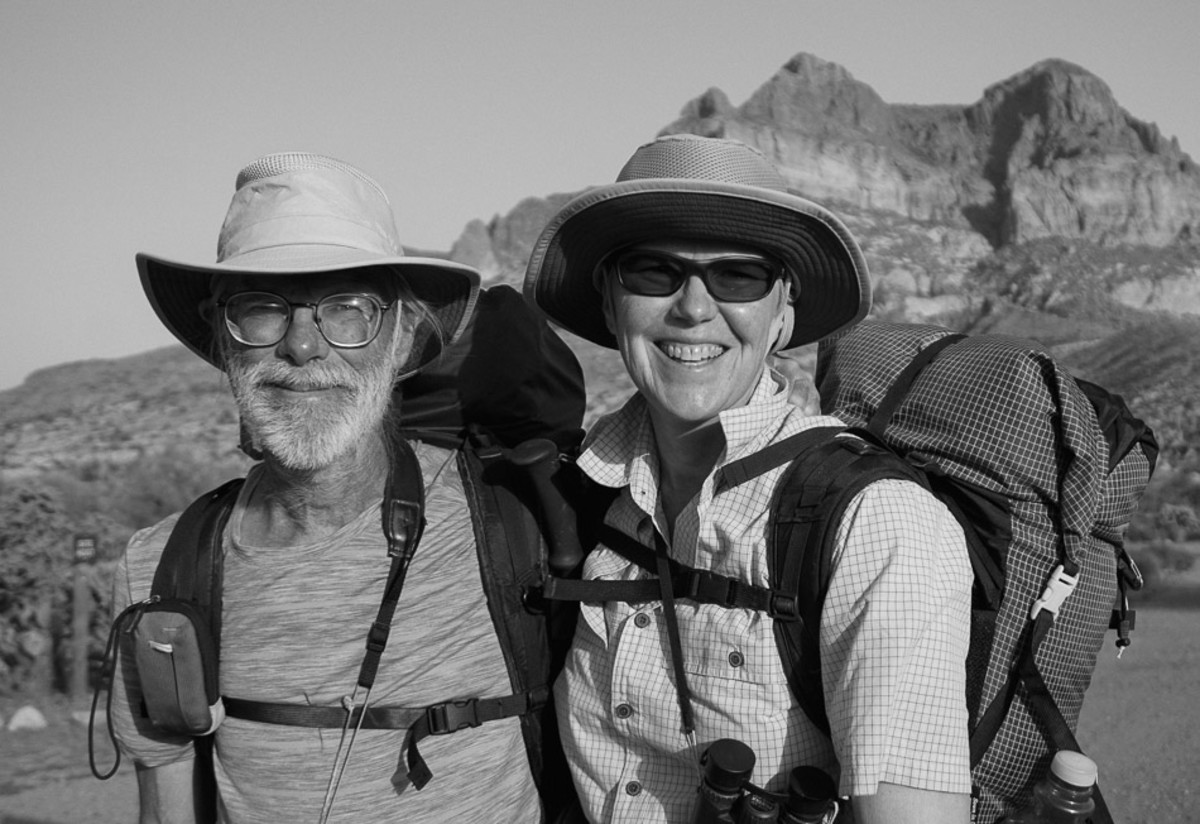 A pair of through-hikers beneath Picketpost Mountain marveled at the bird diversity and scenery of the Arizona Trail. These two hikers are also veterans of the Great Divide Mountain Bike Route.
