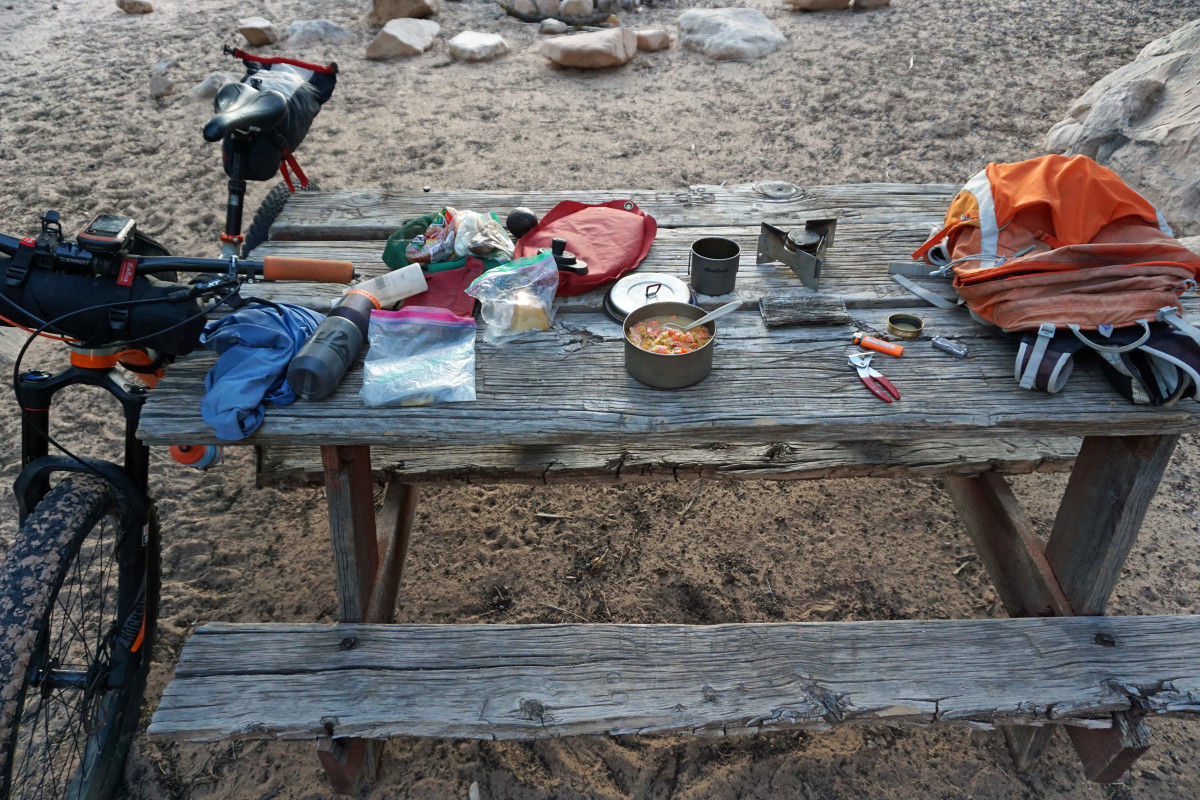 Backcountry dinner at its finest: sweet potatoes, smoked salmon and cheese.