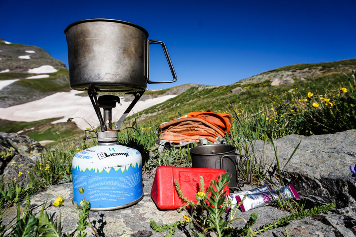 The MSR Pocket Rocket heating up water for morning coffee.