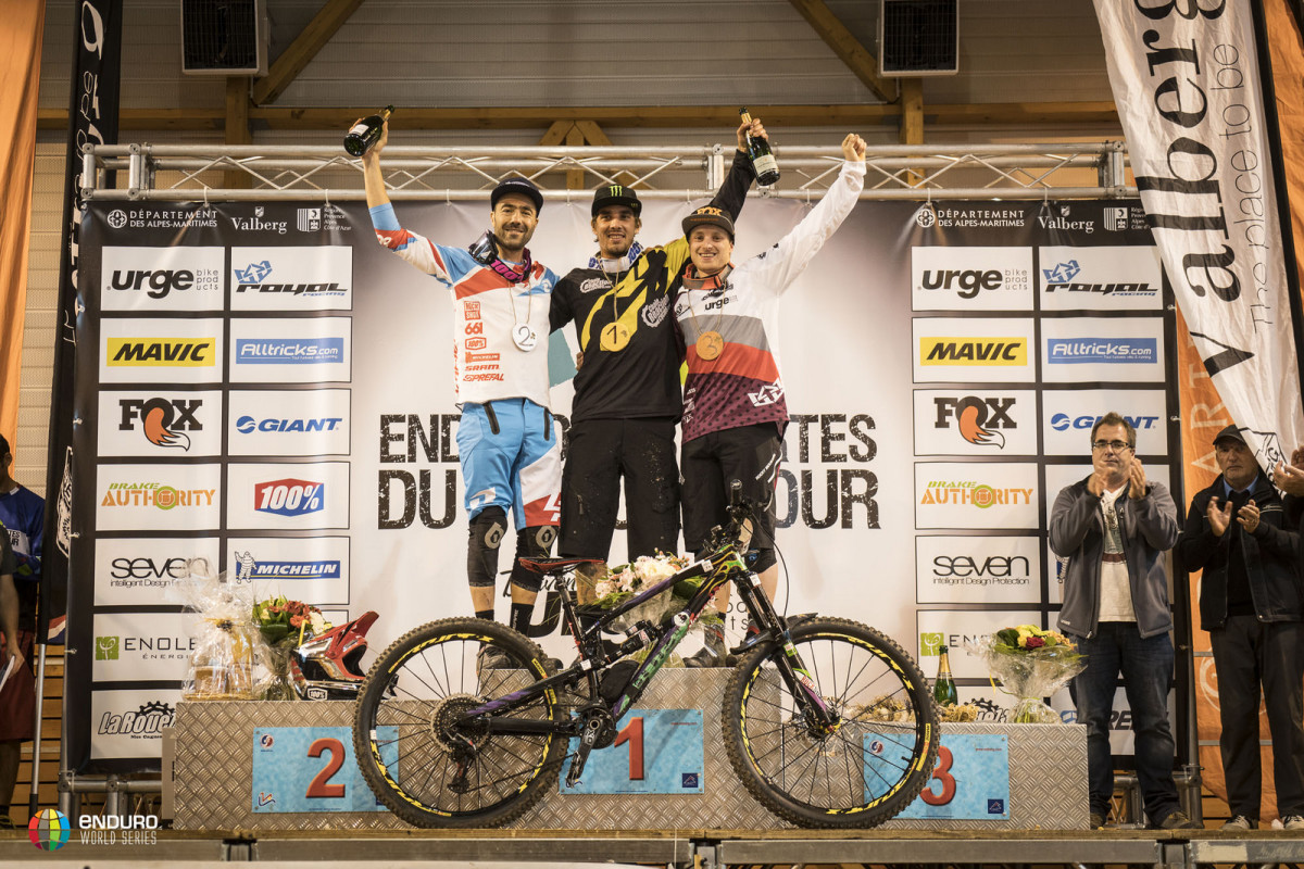 The men's podium: Sam Hill, Nico Vouilloz and Jesse Melamed.