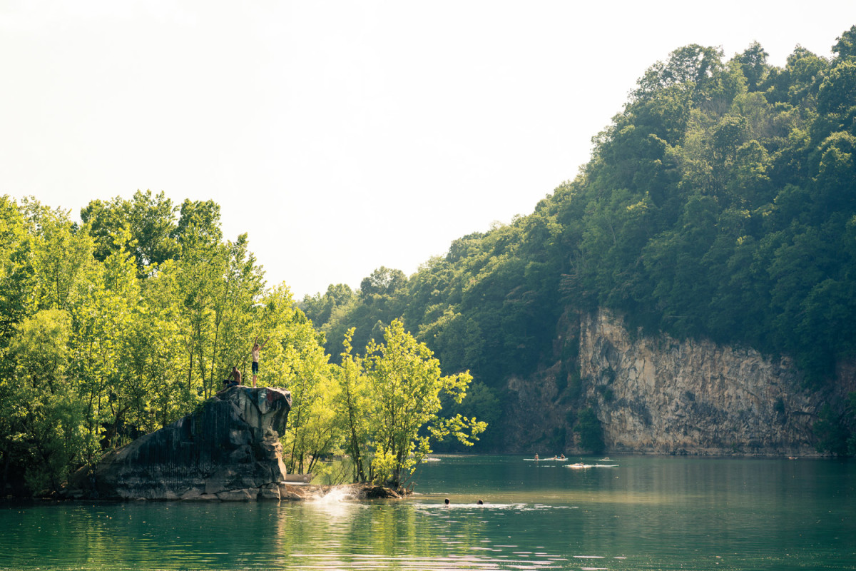 Jumping off the rock at Mead's Lake Quarry.