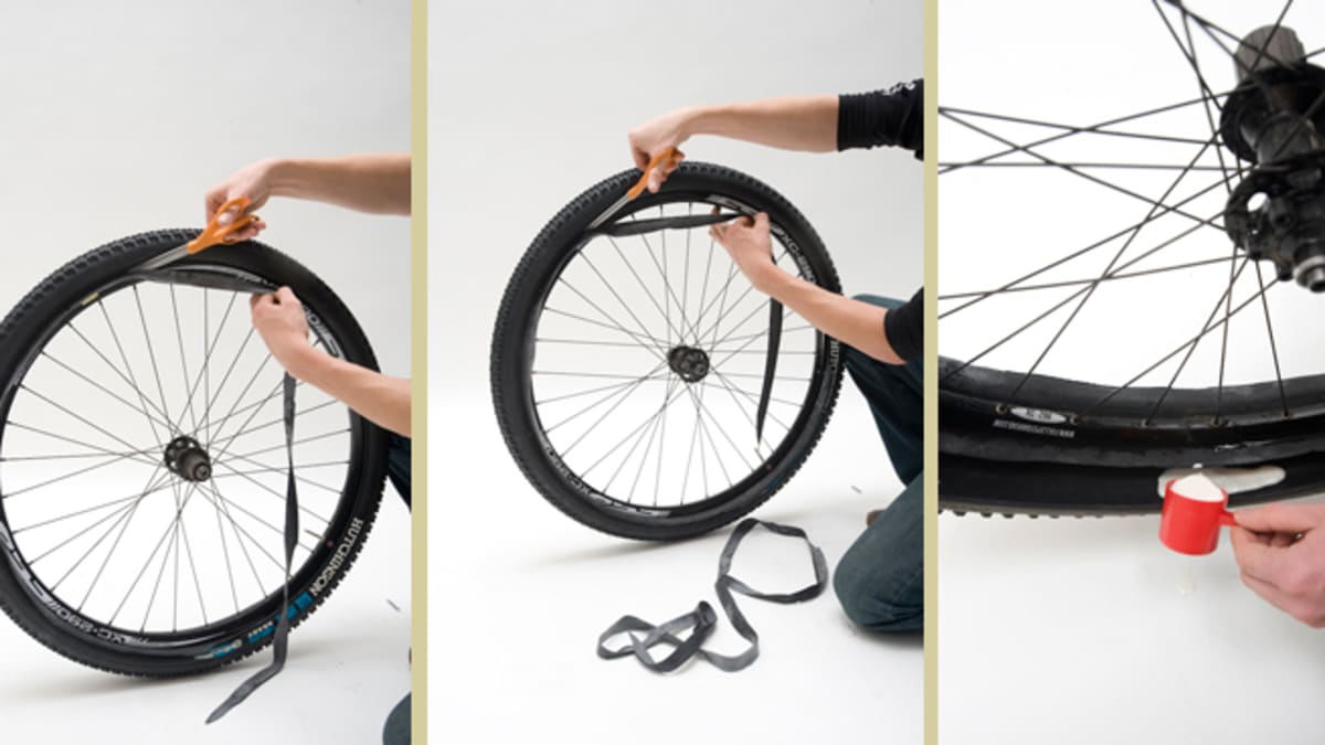 Putting a tube in outlet a tubeless tire