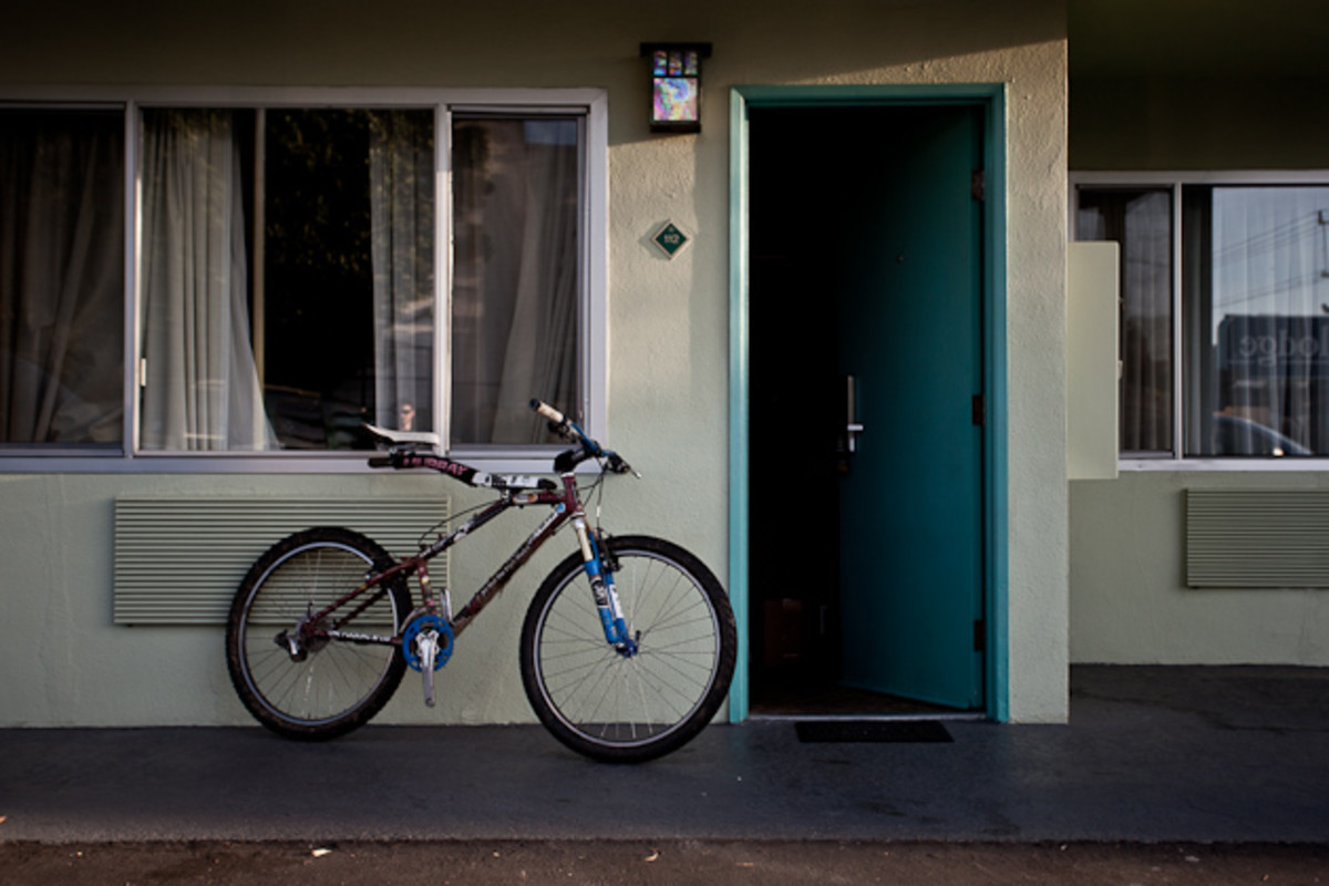 Sh*tbike awaits it's annual golden hour at the Sea Otter Classic, where a cult-like following comes to pose for pictures and stroke The Beam.