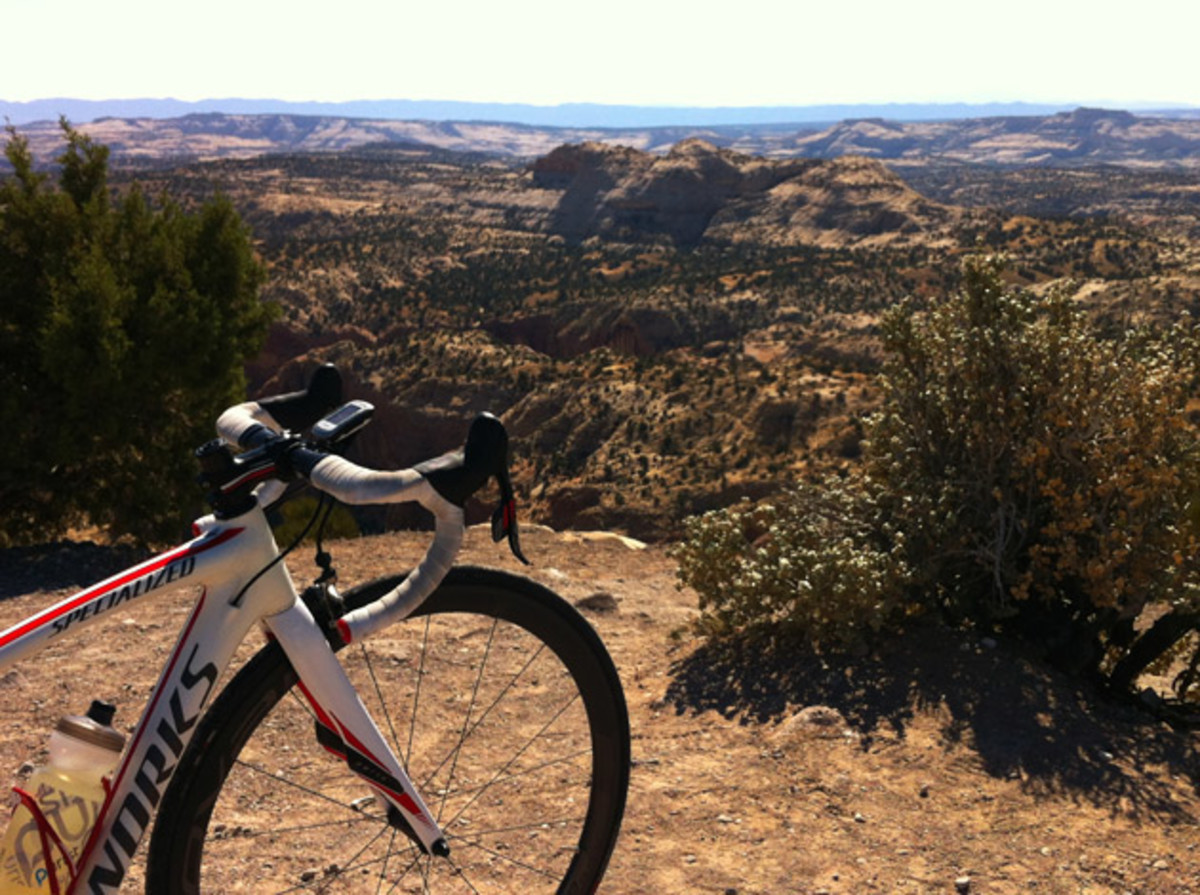 hells-backbone Charles de Gaulle, the Specialized Roubaix SL4 that I've been riding, looks out from its perch on top of Hell's Backbone, just outside of Boulder, Utah.