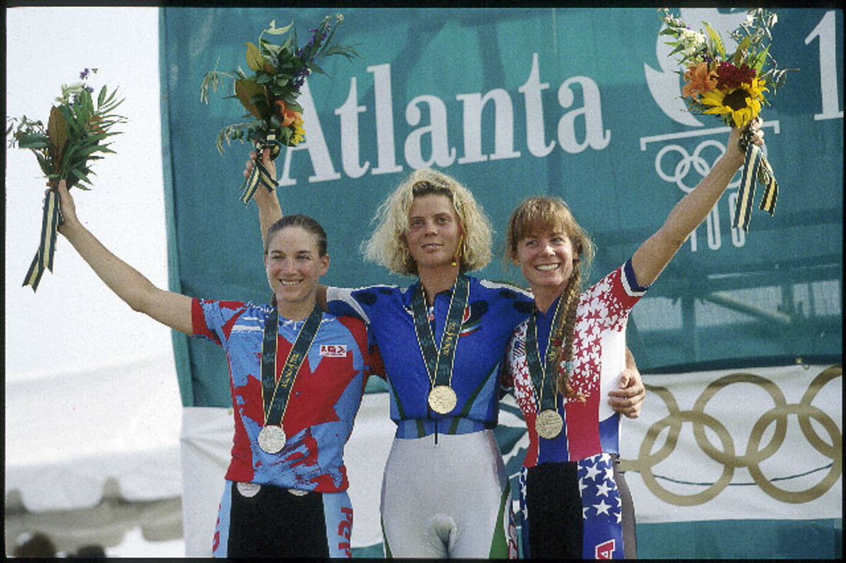 Susan DeMattei, right, with her fellow medalists-Italy's Paola Pezzo in the center and Canada's Alison Sydor on the left. Photo: Tom Moran