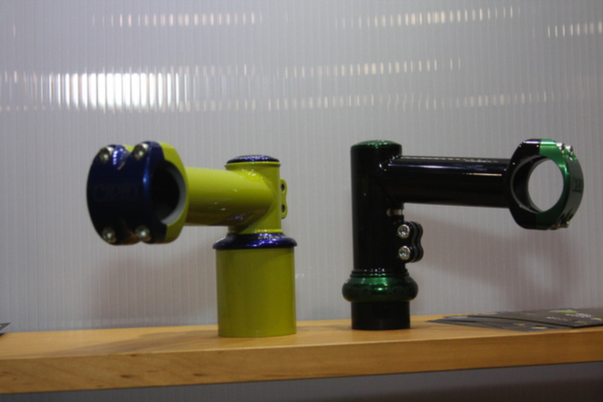 Chris King is introducing a colorful line of welded stems bearing the name of King's other brand, Cielo. You can choose from 13 different colors and nine different anodized faceplates. There are two versions, the racer and the classic, both retailing for $300.