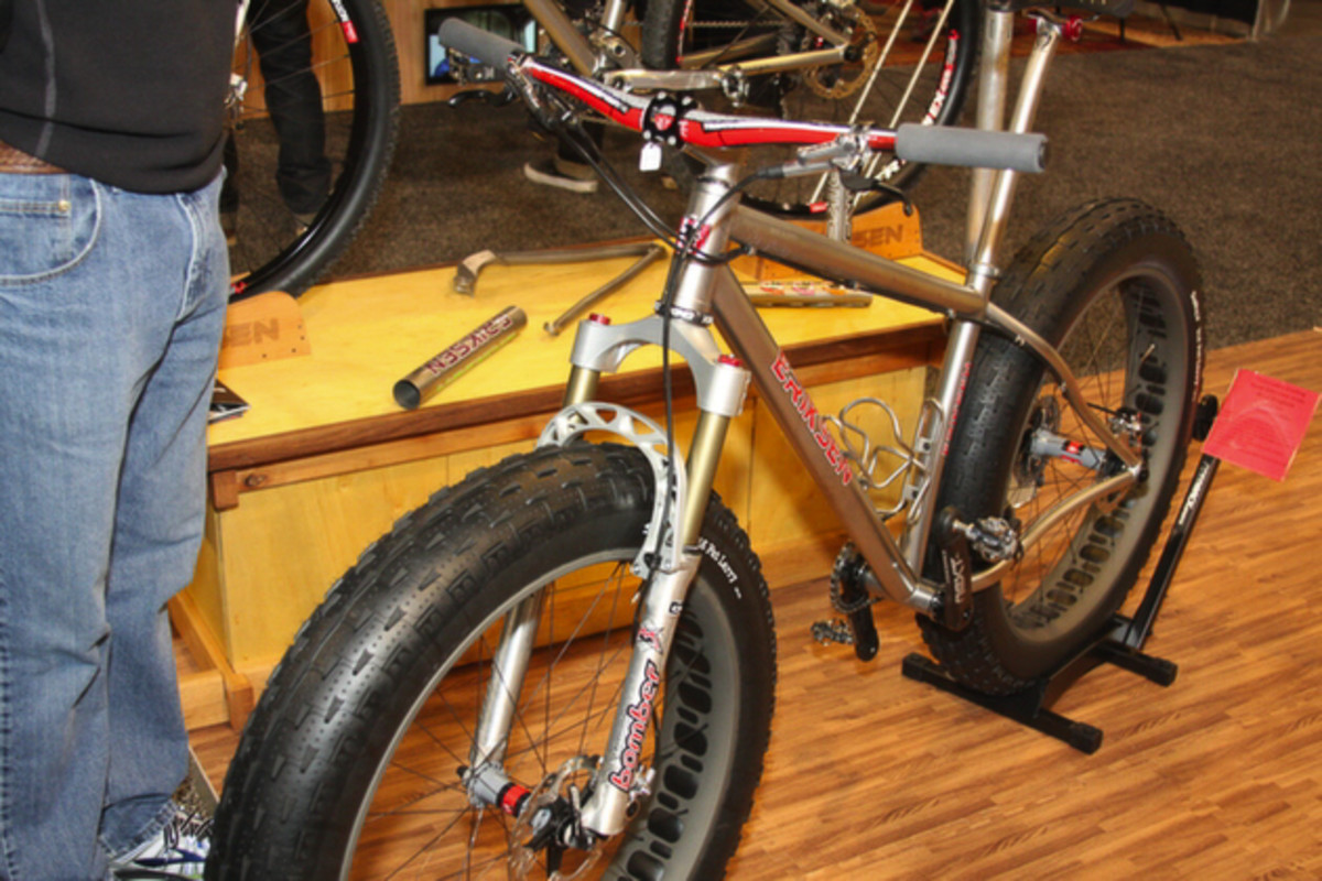 Also spotted at the Eriksen booth was this front-suspension fatbike sporting a 15-year-old Marzocchi Bomber front fork, modified to fit the 5-inch Surly Larry tire. Welder Brad Bingham said he's been stocking up on the forks on eBay.