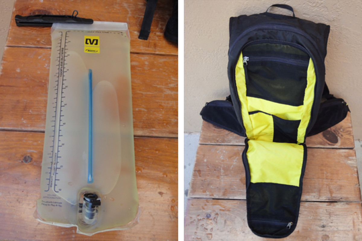 The Hydrapak reservoir features a sliding clip closure and quick-connect hose. The outermost compartment opens wide to access several open and zipped pockets.