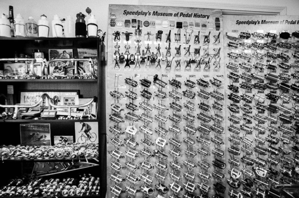 Bryne's pedal wall holds 300 pairs sets, few of which are actually still in production. The collection traces the history of the modern pedal going back 150 years.