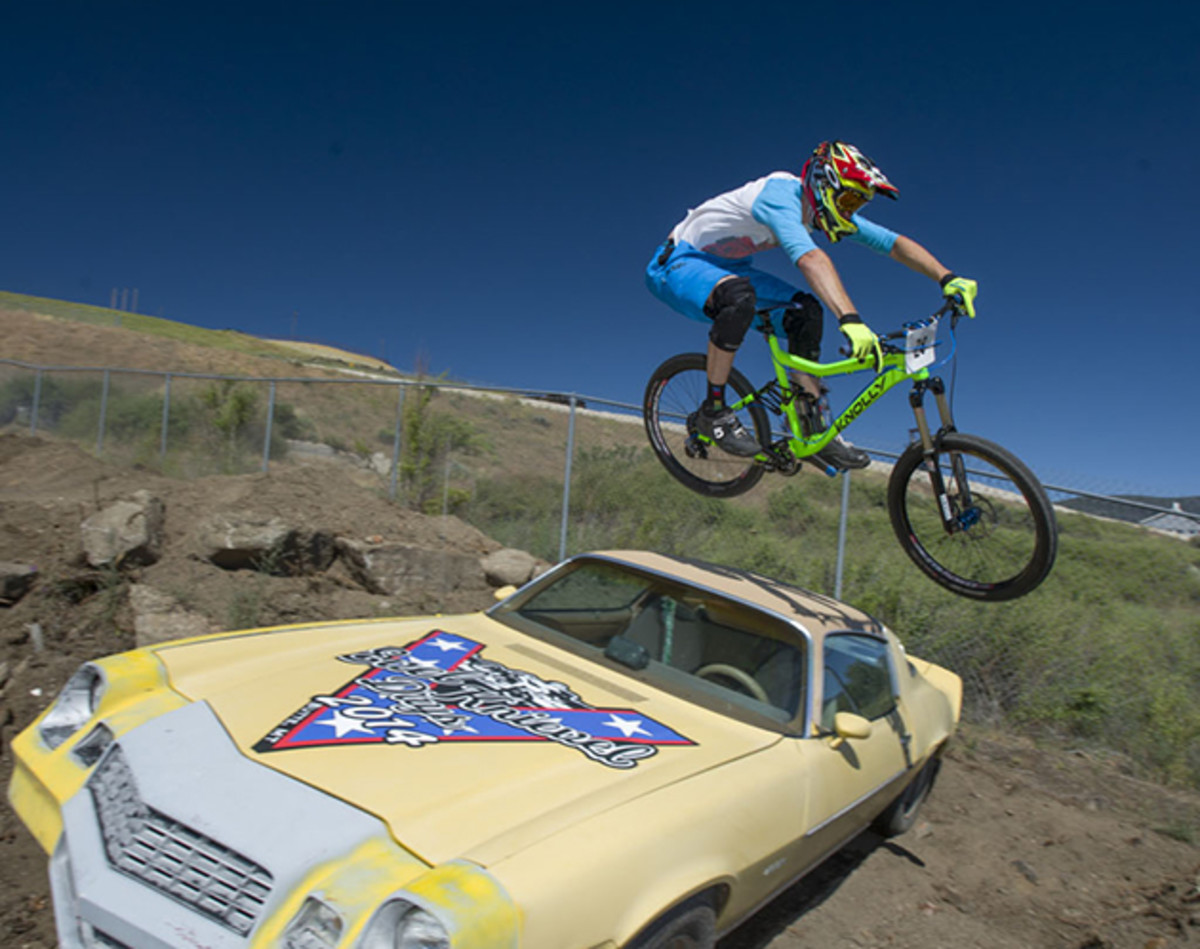 In the spirit of Evel Knievel a neighbor offered up his vintage Camaro to add more spice to the descent. Who doesn't want to jump a Camaro? Here Steve Bretson gaps-it at race pace.