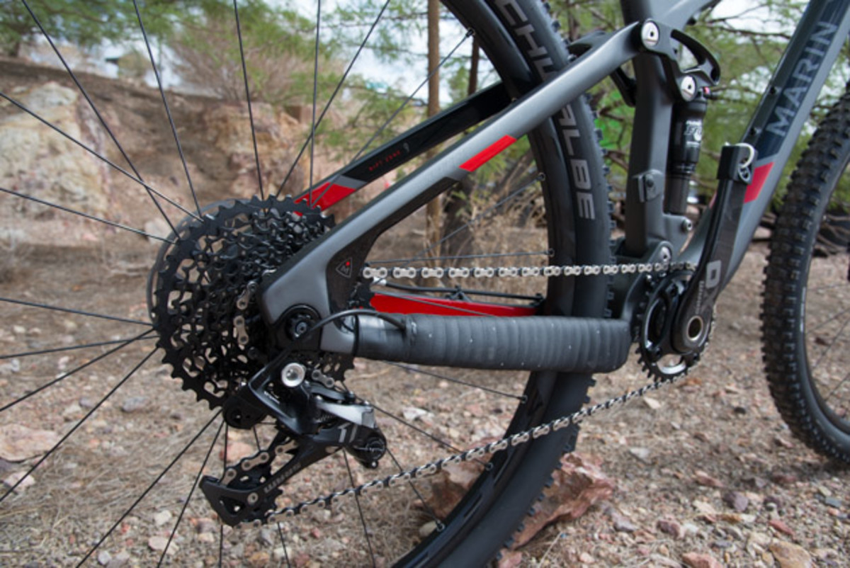 The carbon seatstays flex a maximum of 20-millimeters, allowing the bike to achieves its full 110-millimeters of travel.