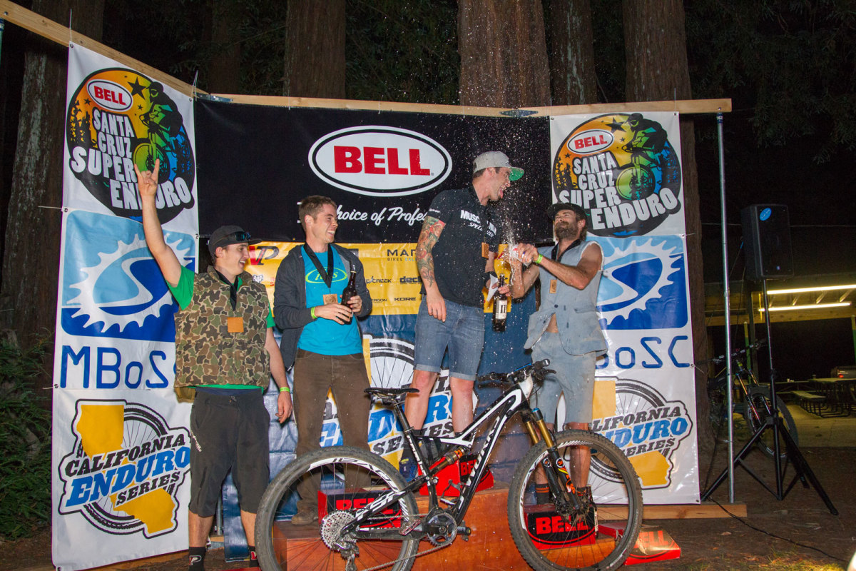 Enduro camaraderie on the 2014 series Pro Men podium. 1st - John Hauer, 2nd Jeff Kendall-Weed, 3rd - Scott Chapin, 4th Marco Osborne, 5th Aaron Bradford (not pictured) (Bogdan Marian).