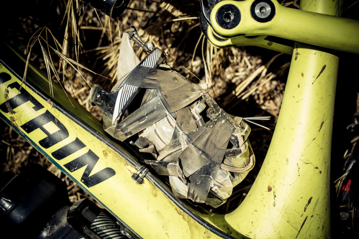 S.W.A.T.? Who needs it? Photo editor Anthony Smith skips Specialized's fancy system for storing ride essentials in favor of a roll of electrical tape. Patent Pending.