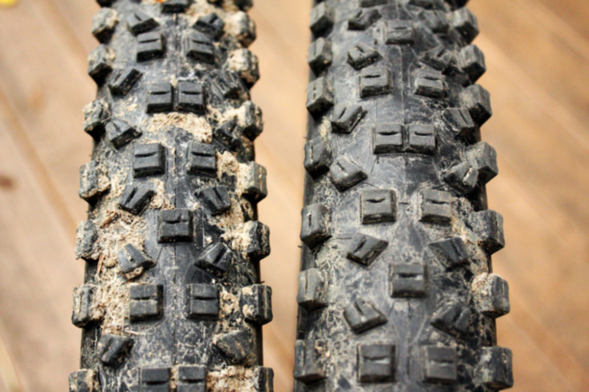 The same tire looks very different when you add 9 millimeters of internal rim width. On the left, an Easton Haven. On the right, the new Heist rim.