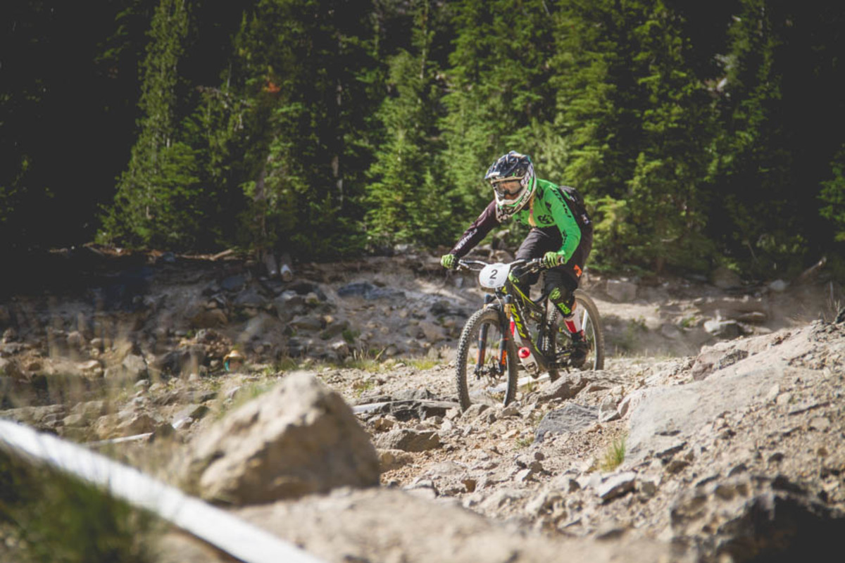 The enduro course skipped the big rock garden on Run 1 that was in the pro downhill race Saturday, and elected to use the longer ride around. Even though it wasn't filled with large boulders, the alternate route was steep and very loose. Lauren Gregg looked in control through this section, and was nipping at the heals of the leaders all morning, finishing third in the pro women's.
