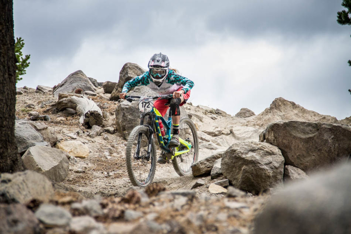 Rachel Throop looking for the right line through the rocks ahead. Throop excelled through the technical parts of the enduro, coming down in second on Run 2, and then placed fourth on the last three runs.
