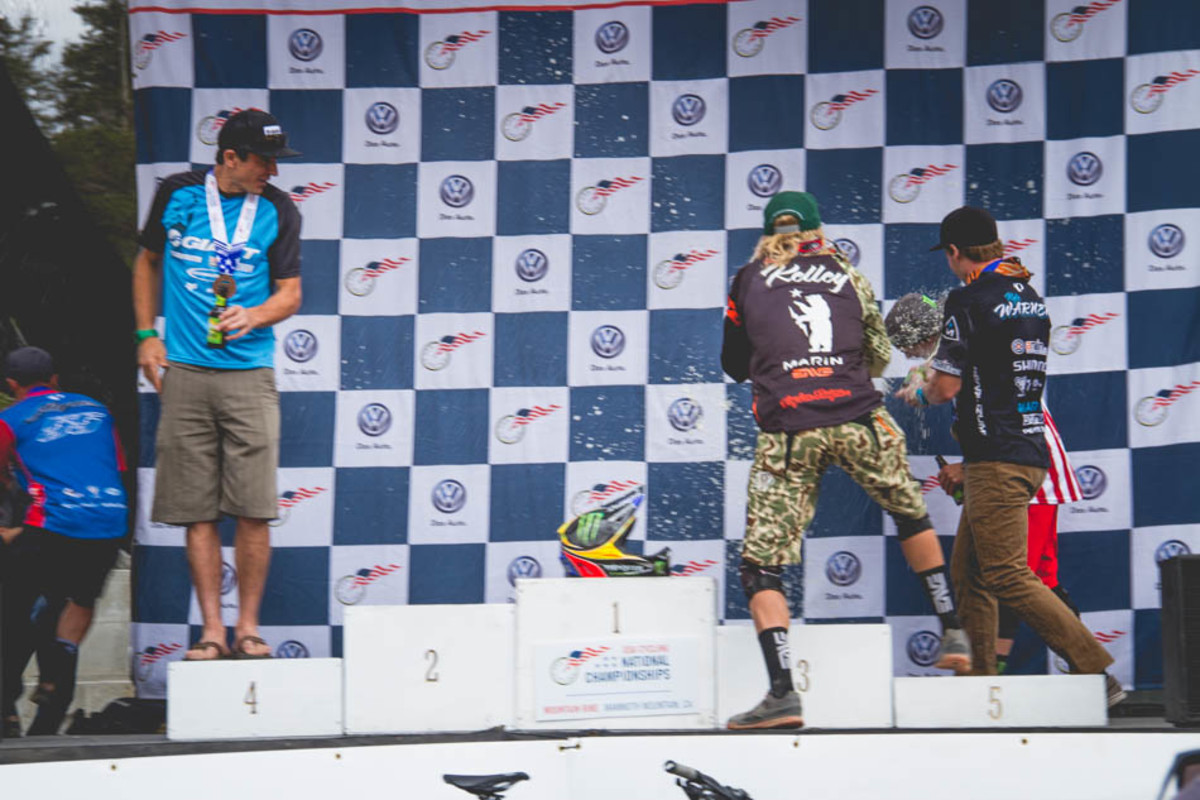 The men's podium broke up rather quickly as Cody Kelley and Kyle Warner decided to attack Mitch Ropelato with their victor Sierra Nevada's. Brian Lopes fled the scene rather quickly to avoid the foaming alcohol, but Adam Craig stayed to watch the entertainment.