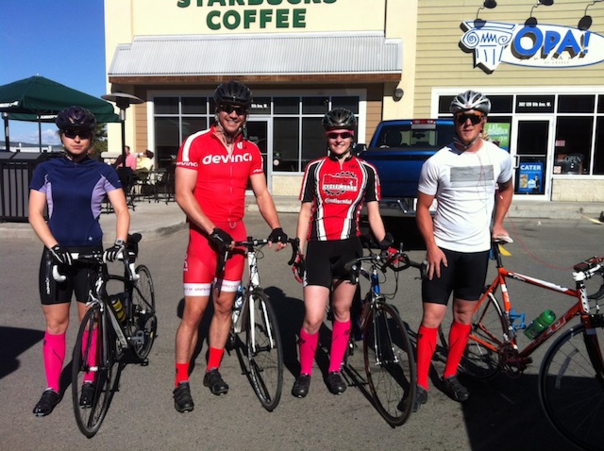 One day you show up to a group ride and realize you and all your friends are dressed like this. This could happen to you too. Consider yourself warned. Note the guy, second from the left--he's rocking calf-high socks, but it's only a matter of time before he joins his friends with knee-high versions. Poor bastard.