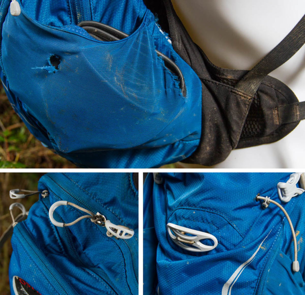The outside stuff pouches are great for things like extra tubes, but a good impact with a tree might do some damage. Luckily this is covered under Osprey's amazing warranty. Big pull tabs make opening the zippers easy even with gloves, and Osprey's LidLock system is one of the best helmet retention systems on the market.
