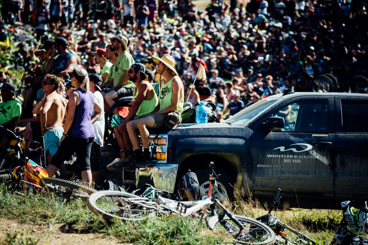 Every year, the crowd on hand for the Crankworx Whistler Whip-Off World Championships gets bigger—and rowdier. There were so many spectators in the field next to the Whistler Mountain Bike Park's Crabapple Hits that riders were having a hard time pushing through the crowd on their way back to the top of the jumps. Photo: Anthony Smith