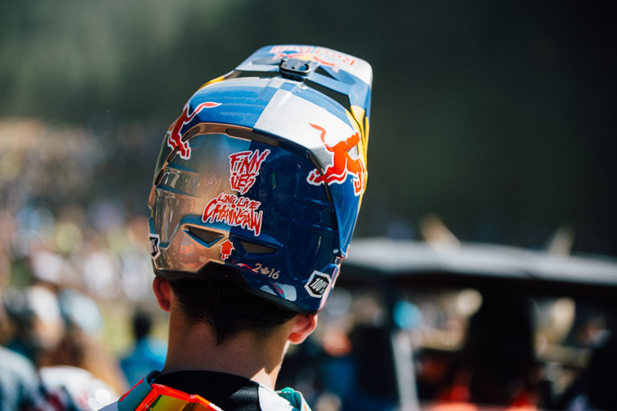 Like many riders at this year's Crankworx Whistler, young Finn Iles was showing his support for Stevie 'The Canadian Chainsaw' Smith. Photo: Anthony Smith
