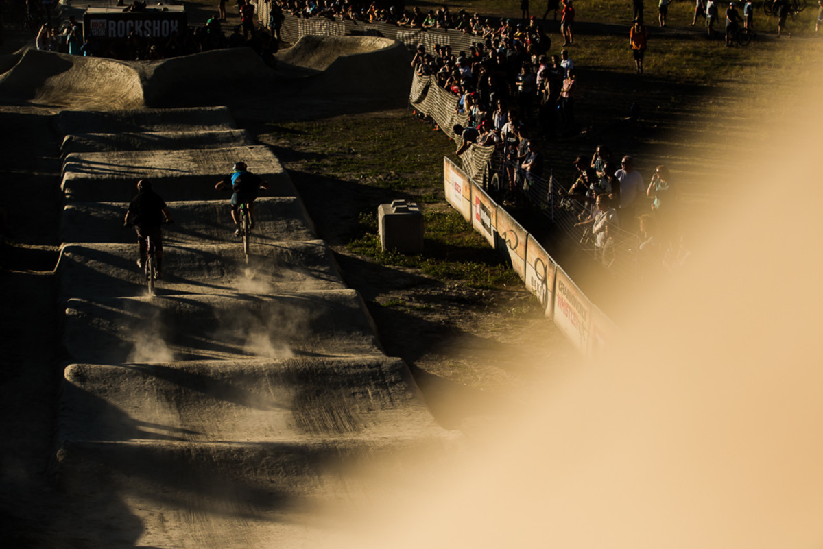 This year's Crankworx Whistler Pumptrack Challenge featured an all-new course, a straight, point-to-point rhythm track at Blackcomb Mountain's Base II. Photo: Bruno Long