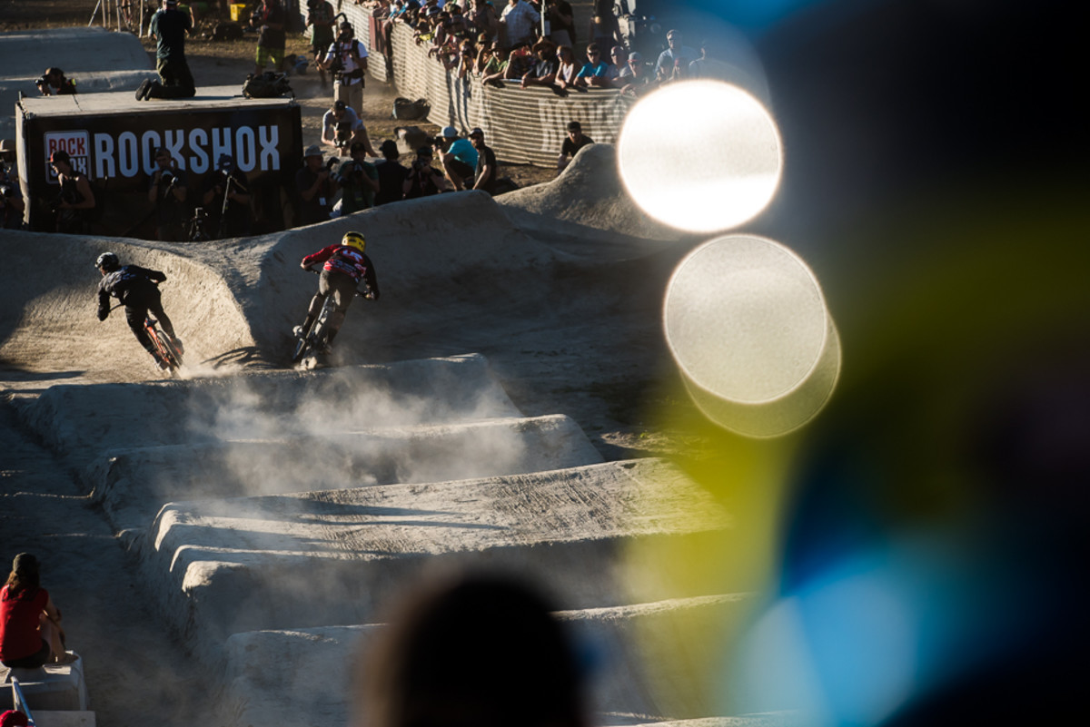 For most of the heats, racers were neck-and-neck on the first half of the course, but after the split into the turns it was anyone's race. Photo: Bruno Long