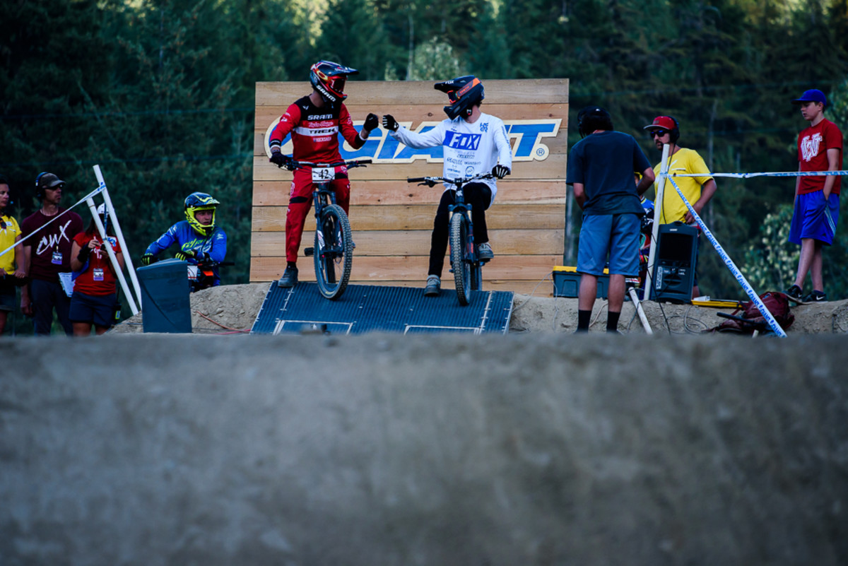After a hard day of fighting through the heats, all Walker Shaw and Bas van Steenbergen could muster was this fist-bump before the bronze-medal heat. Photo: Bruno Long