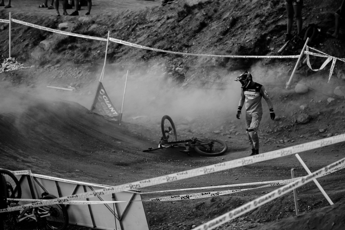 After a rough afternoon grinding through the heats, Walker Shaw slid out in his final run against Bas van Steenbergen, dashing his hopes of a podium finish. Photo: Bruno Long