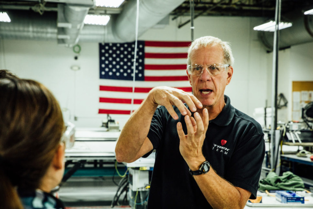 Manufacturing engineer Jim Colegrove in his element during the factory tour. Colegrove joined Trek in 1990 and helped develop Trek's first carbon fiber frame.